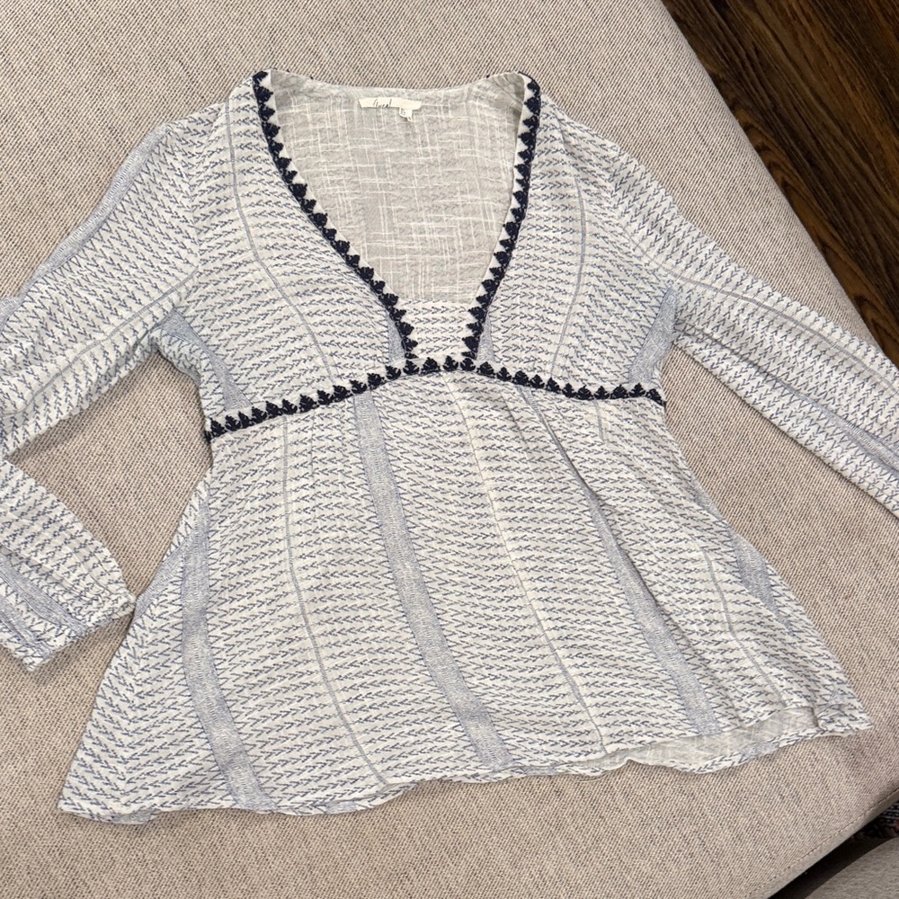 Light Blue & Navy Line V-Neck Top